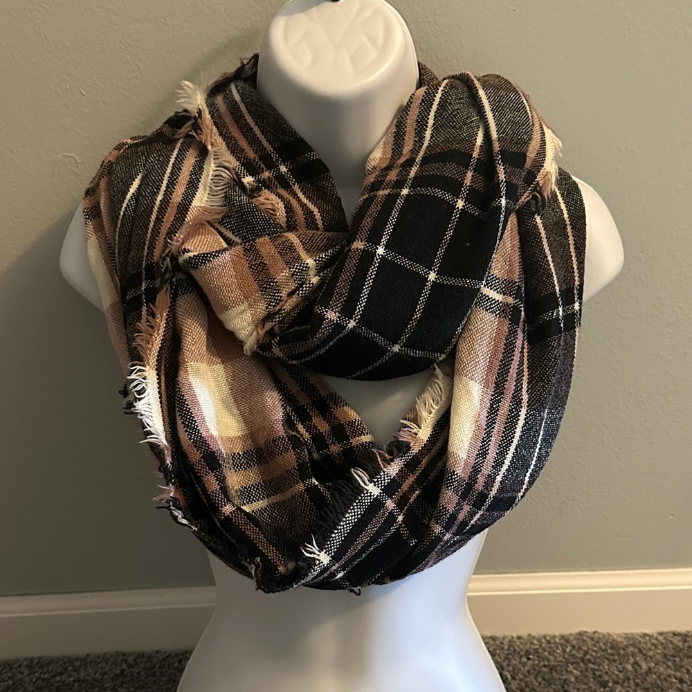 Plaid Pink, Black and Cream Infinity Scarf